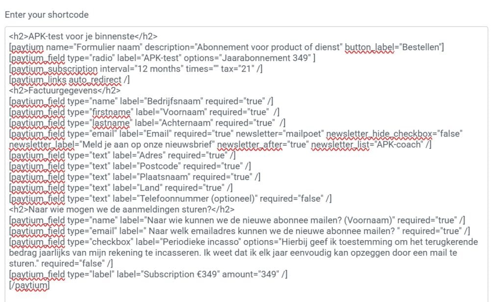 .Paytium oefenen shortcodes pagina